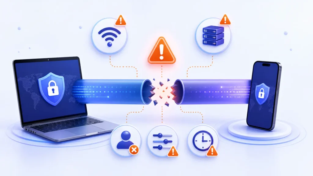 عیبیابی قطعشدن ویپیان در اینترنت، حساب، تنظیمات، زمان دستگاه و سرور