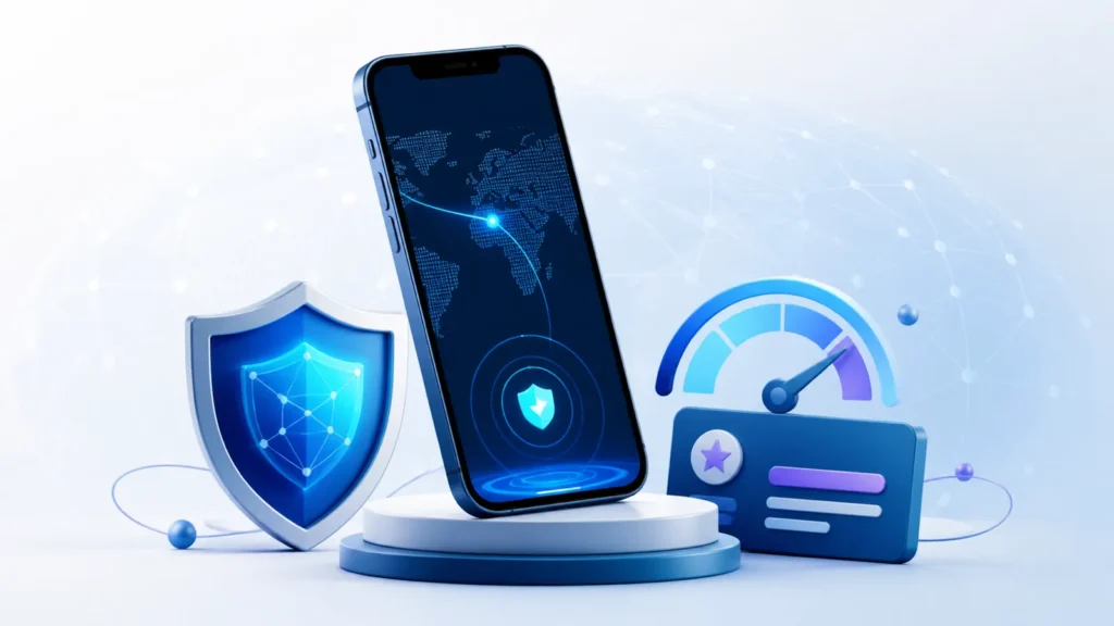 نمایش انتخاب اشتراک ویپیان آیفون همراه با نماد امنیت و سنجش سرعت
